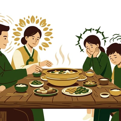 한 상에 둘러앉아 음식을 나누어 먹는 가족. 아이들은 약한 모습이고, 각자의 체질을 상징하는 색깔이나 도형이 표현되어 있다.