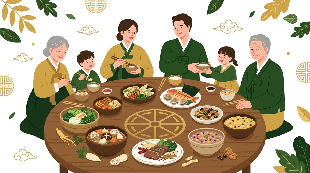 밝은 식탁에 차려진 건강한 음식들, 그 옆으로 8체질을 상징하는 표식이 그려져 있다. 가족들이 함께 식사하는 모습.