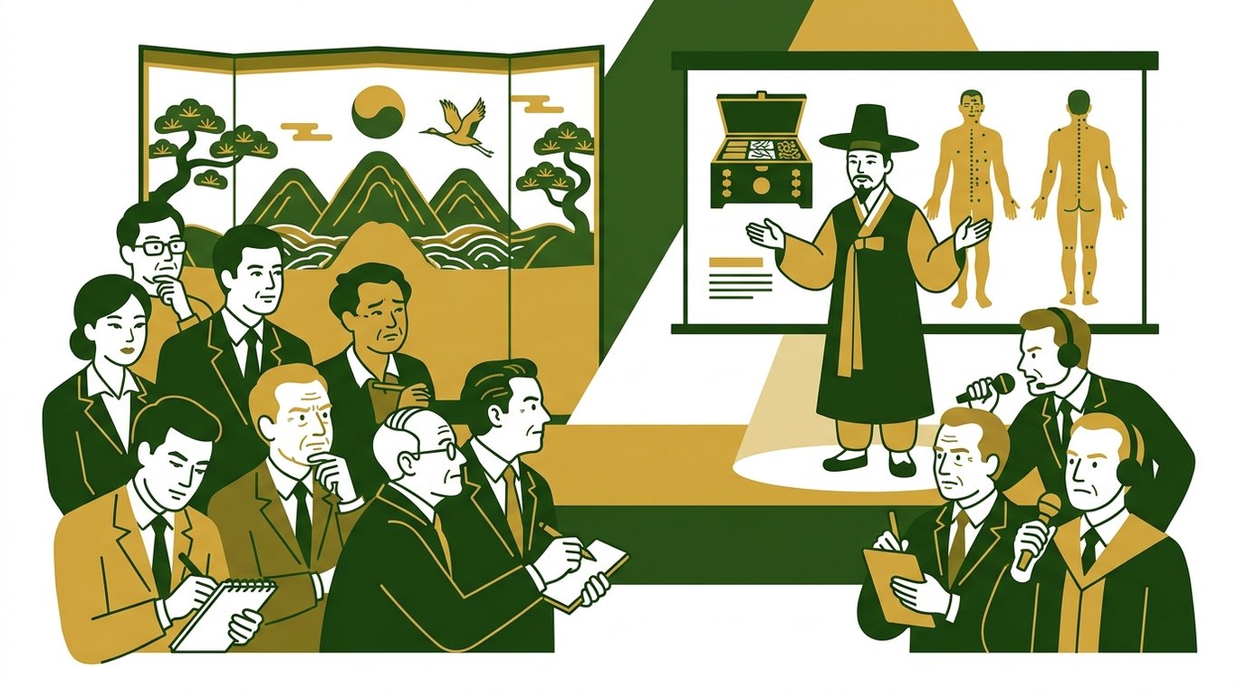 1960년대 동경의 국제 학술대회장 전경, 연단에 한의학자가 서 있고 청중이 경청하며, 스포트라이트가 8체질론 발표를 비춘다. 동아시아와 서양의 학자들이 모인 모습.