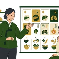 한의사가 환자의 맥을 짚으며 8체질에 따른 맞춤 식단을 설명하는 모습, 전통 한의원 배경