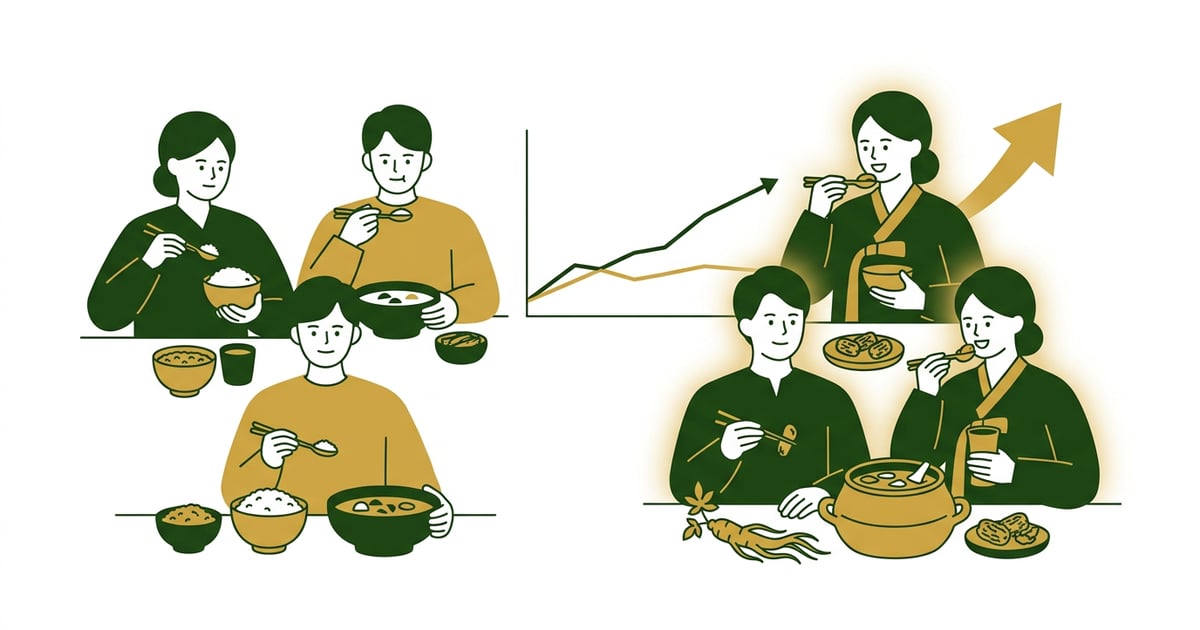 두 그룹으로 나뉘어 식사를 하는 사람들을 면역력 수치 그래프와 함께 비교하는 모습