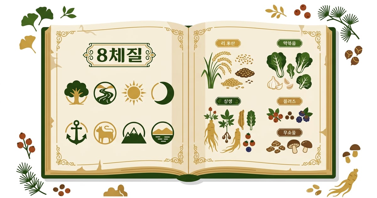 전통적인 한약재와 함께 8체질의학의 개념을 상징하는 동양적 문양이 그려진 오래된 책