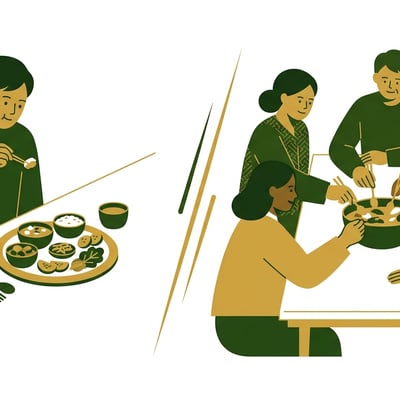 개인 접시에 정갈하게 담긴 음식과 여러 명이 둘러앉아 한 그릇에서 음식을 떠먹는 모습이 대조적으로 표현된 일러스트.