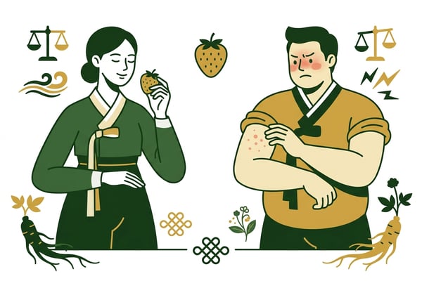 다른 체질을 상징하는 두 사람이 각기 다른 음식에 다르게 반응하는 모습