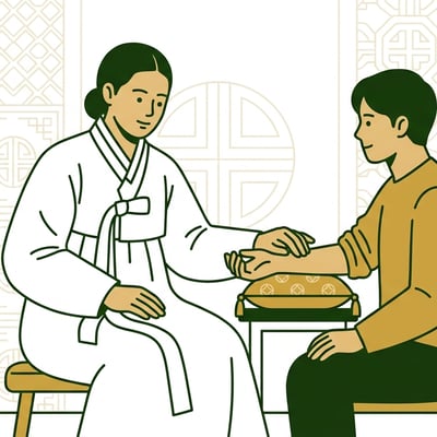 한의사가 차분한 표정으로 환자의 맥을 짚으며 알레르기에 대해 상담하는 모습