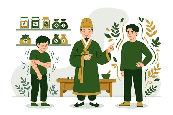 한의사가 알레르기 반응을 보이는 환자와 그렇지 않은 환자의 체질을 비교 설명하는 모습