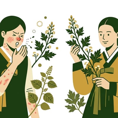 한의학적 배경에서 두 사람이 서로 다른 알레르기 반응을 보이는 모습