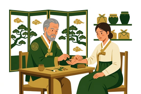 한의사가 맥을 짚거나 설진을 통해 환자의 체질을 진단하는 장면