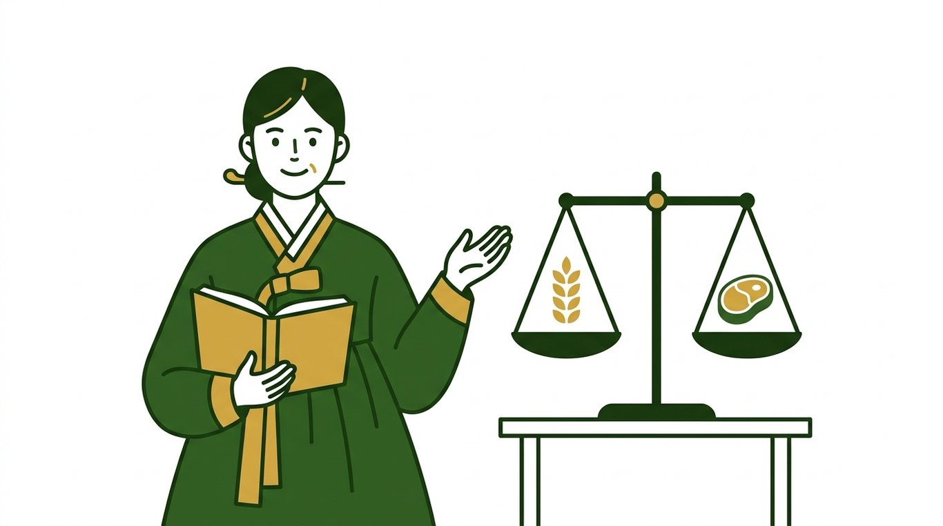 한의사가 체질별 식단 책을 보여주고 있고, 저울 위에 보리와 고기 아이콘이 놓여 균형을 이루고 있다.