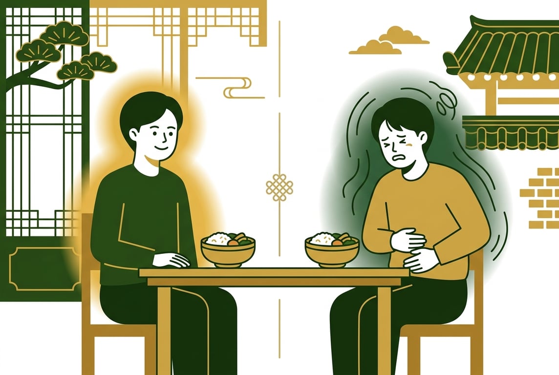 같은 음식을 먹고 한 명은 편안해하고 다른 한 명은 배를 부여잡고 괴로워하는 두 사람.