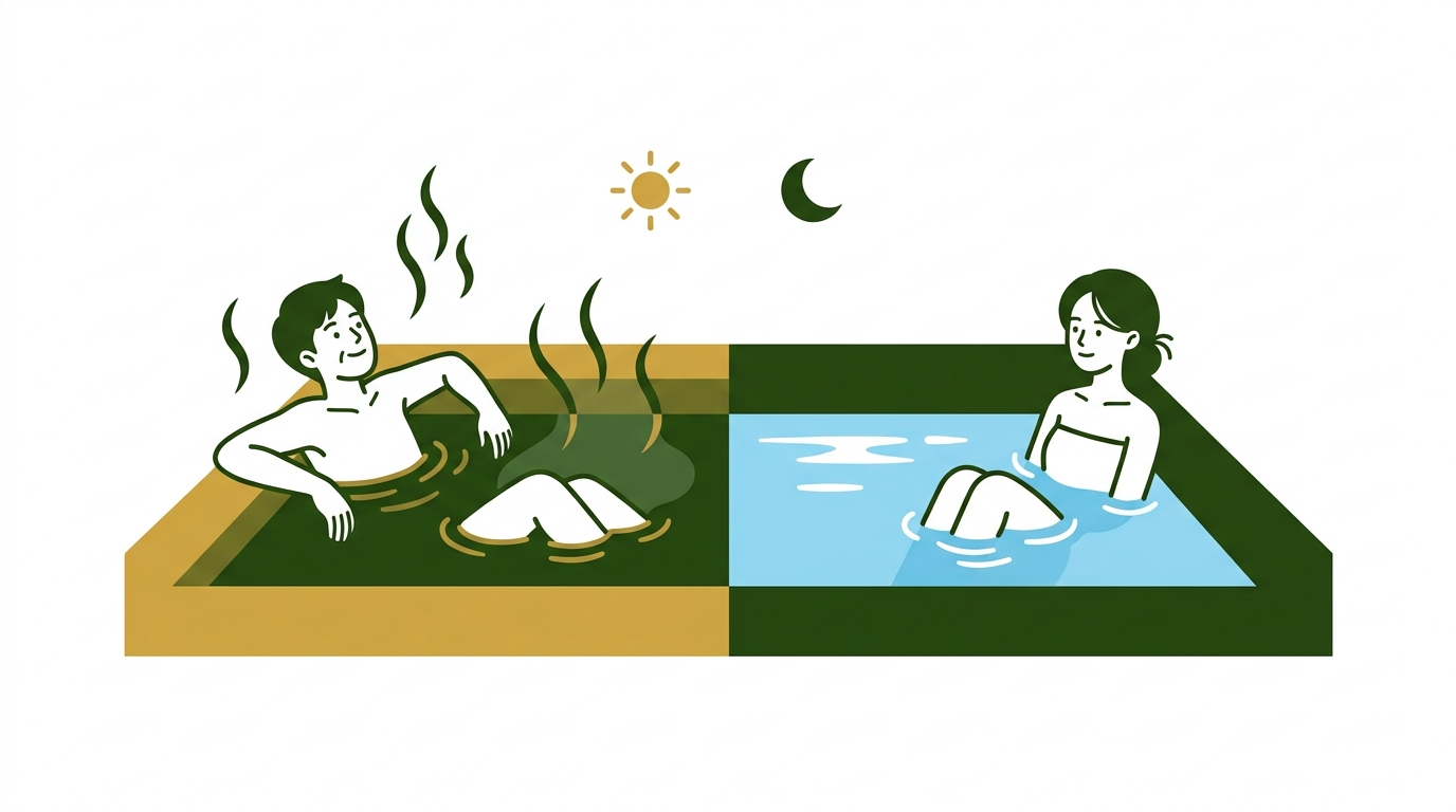 두 칸으로 나뉜 욕조, 한쪽은 온수, 다른 쪽은 냉수로 표현되어 있고, 각 물에 다른 체질을 가진 사람이 즐겁게 목욕하는 모습.