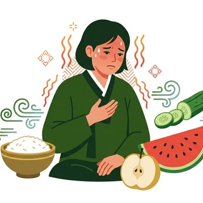 더운 표정을 짓는 사람과 시원한 음식 재료들이 함께 있는 모습