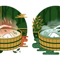따뜻한 물에 몸을 담그는 사람과 시원한 물에 몸을 담그는 사람이 대비되는 일러스트