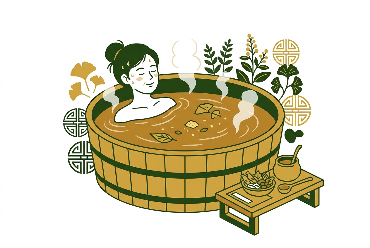 따뜻한 욕조에 몸을 담그고 김을 쐬며 편안하게 미소 짓는 사람의 모습.