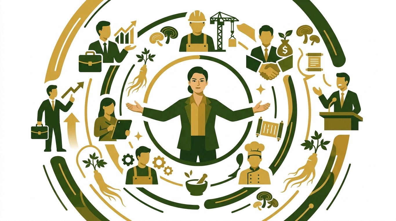 푸른 자연 속에서 여러 직업의 아이콘들이 원형으로 펼쳐지고, 그 중심에 활기찬 사람이 서 있는 모습