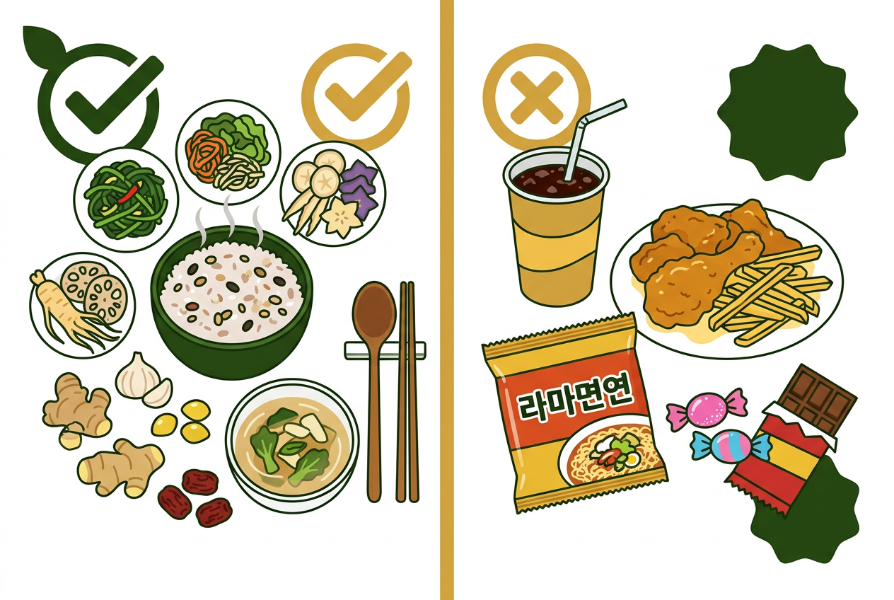 체질에 이로운 음식과 해로운 음식이 명확히 구분되어 있는 식단 차림