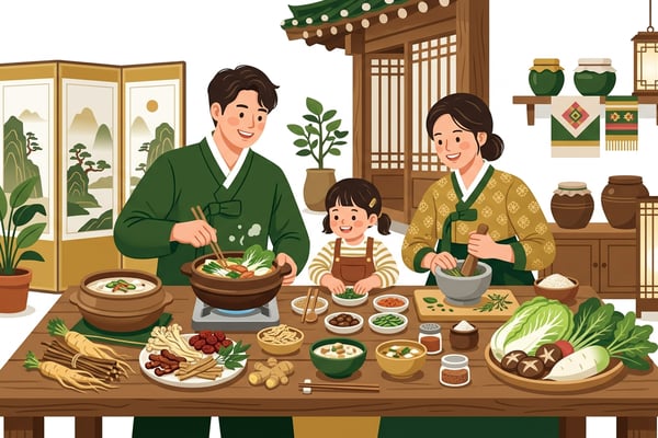 부모와 자녀가 함께 식탁에서 건강한 한식 재료를 손질하며 웃고 있는 모습