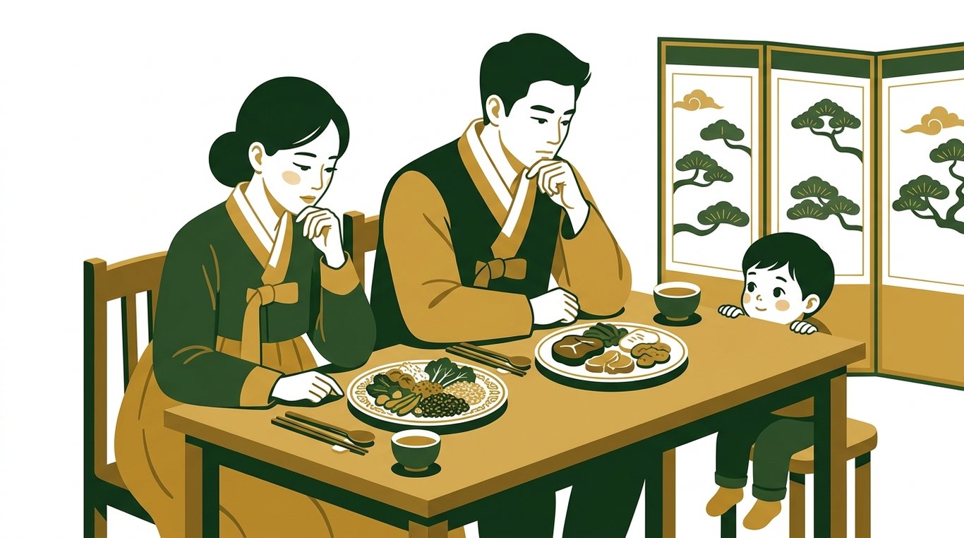엄마와 아빠가 식탁에 놓인 채소 위주의 음식과 고기 위주의 음식을 번갈아 보며 아이에게 어떤 음식을 줄지 고민하는 모습, 아이는 옆에서 호기심 어린 눈으로 지켜보고 있다.