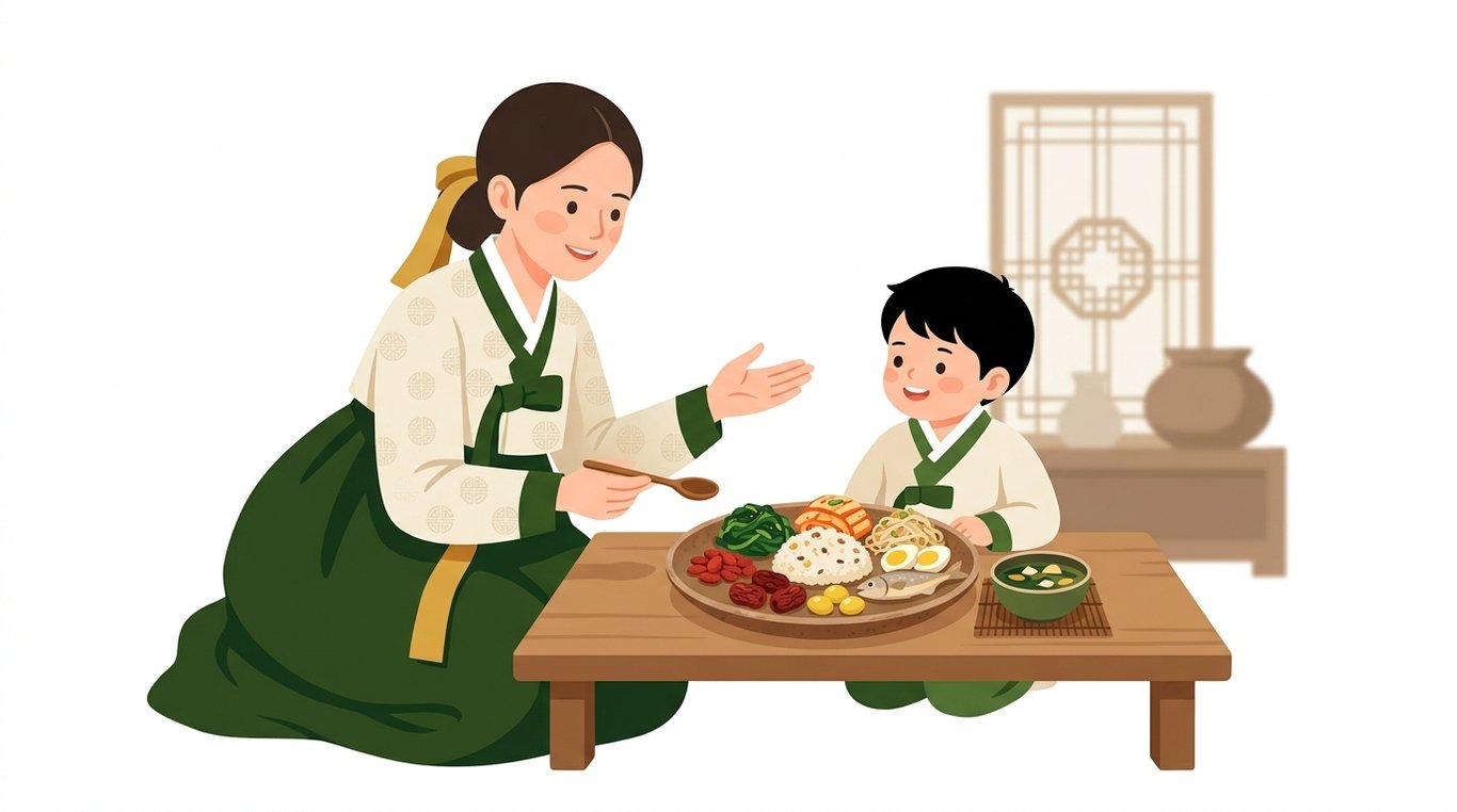사랑스러운 엄마가 아이에게 한의학적 건강 정보를 바탕으로 균형 잡힌 식단을 설명해주는 모습