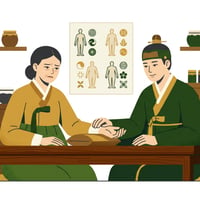 한의원에서 맥을 짚으며 진찰하는 한의사와 불안한 표정으로 앉아 있는 여성 환자, 벽에 걸린 8체질 도표가 보이는 장면