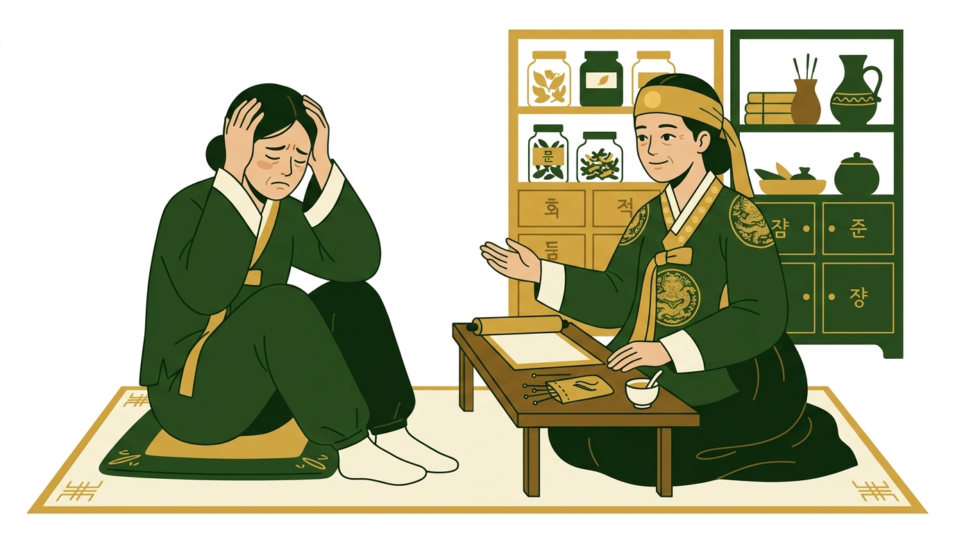두통으로 머리를 감싸 쥐고 있는 사람에게 차분하게 한의학적 조언을 건네는 한의사의 모습