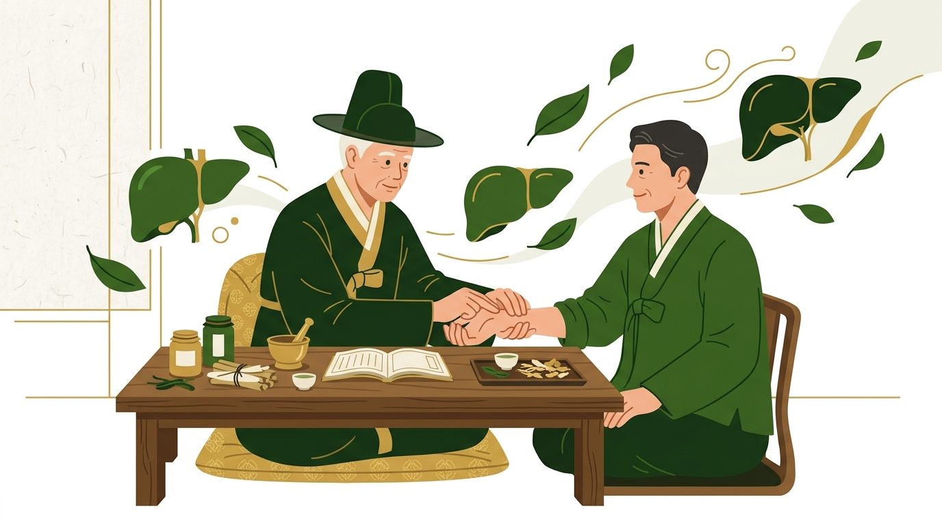 한의사가 환자의 맥을 짚으며 상담하는 모습과 건강한 간을 상징하는 녹색 잎사귀들
