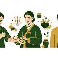 붉은 반점으로 뒤덮인 환자, 진맥하는 한의사, 그리고 건강하게 웃는 환자의 모습