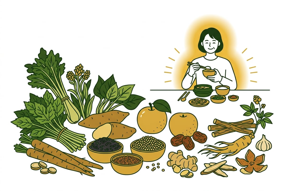 체질에 맞는 음식 재료와 한약재들이 식탁 위에 보기 좋게 놓여있고, 그 옆에는 활력 넘치는 인물이 미소 짓고 있다.