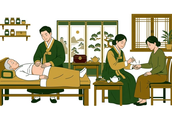 한의사가 진찰실에서 환자의 배를 눌러보며 위장 문제를 상담하고, 다른 한의사가 체질침을 놓는 장면