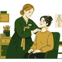 한의사가 20대 여대생의 머리와 목 부분을 진찰하며 체질침 시술을 준비하는 모습. 여대생은 편안한 표정을 짓고 있다.