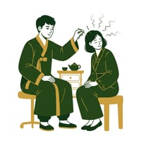 한의사가 편두통으로 고통받는 환자에게 체질침 시술을 하고 있다. 환자의 얼굴에는 점차 편안함이 드리워진다.