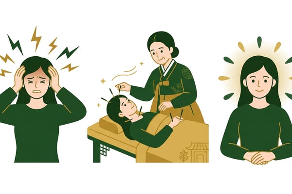 편두통으로 괴로워하던 여성이 한의사의 진료를 받고 평화로운 미소를 짓는 장면. 통증에서 해방된 모습을 시각적으로 표현.