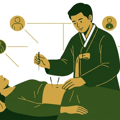 한의사가 8체질 진맥 후 환자의 복부에 침을 놓아 위장병을 치료하는 모습. 배경에는 8체질 진단 차트가 보인다.