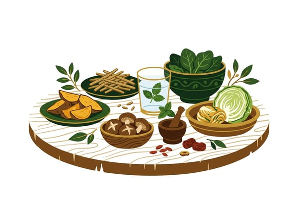 변비 해소에 좋은 푸른 잎채소, 뿌리채소, 콩비지, 고구마, 생수가 조화롭게 놓인 건강 식재료 모음