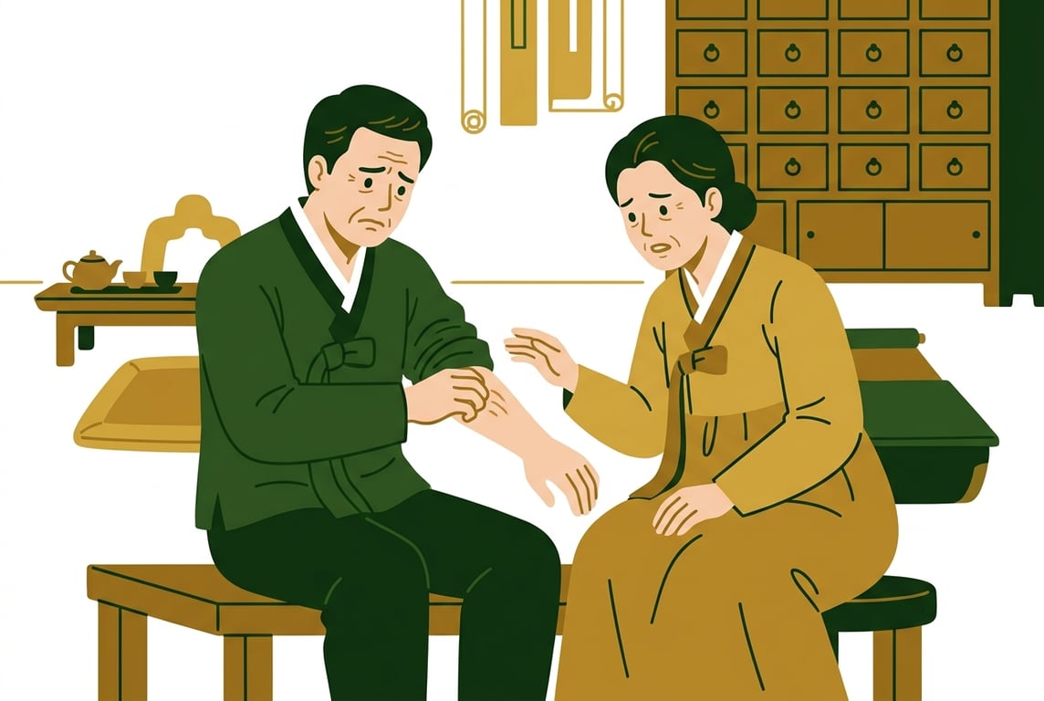 피부 가려움증으로 고통스러워하는 중년 환자와 그를 진찰하는 한의사의 모습