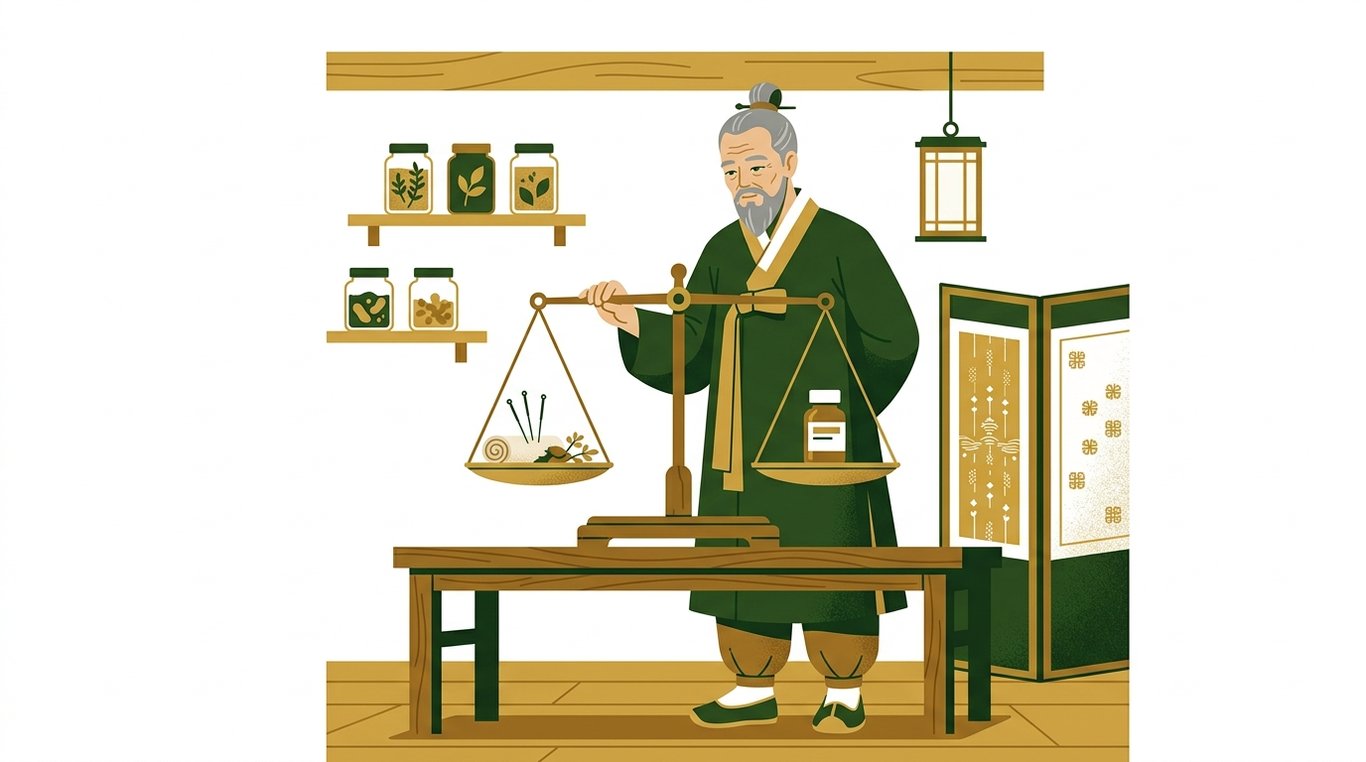 한의사가 전통 의학 도구와 서양 의학의 약병을 균형 있게 바라보며 치료하는 모습, 전통 치료의 중요성 강조