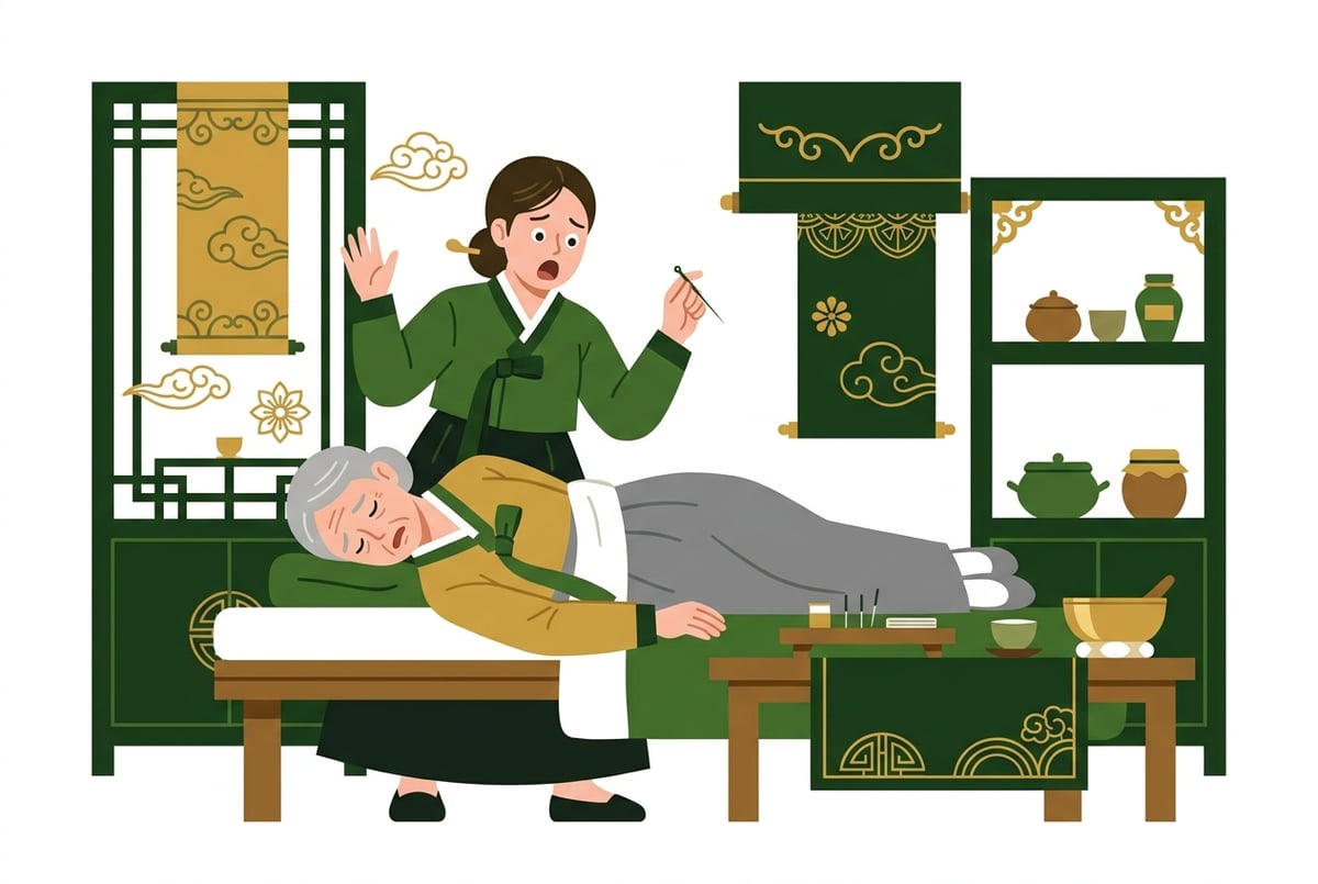 놀란 표정의 젊은 한의사가 침을 든 채 쓰러진 할머니를 바라보고 있고, 긴급한 상황을 묘사한다.