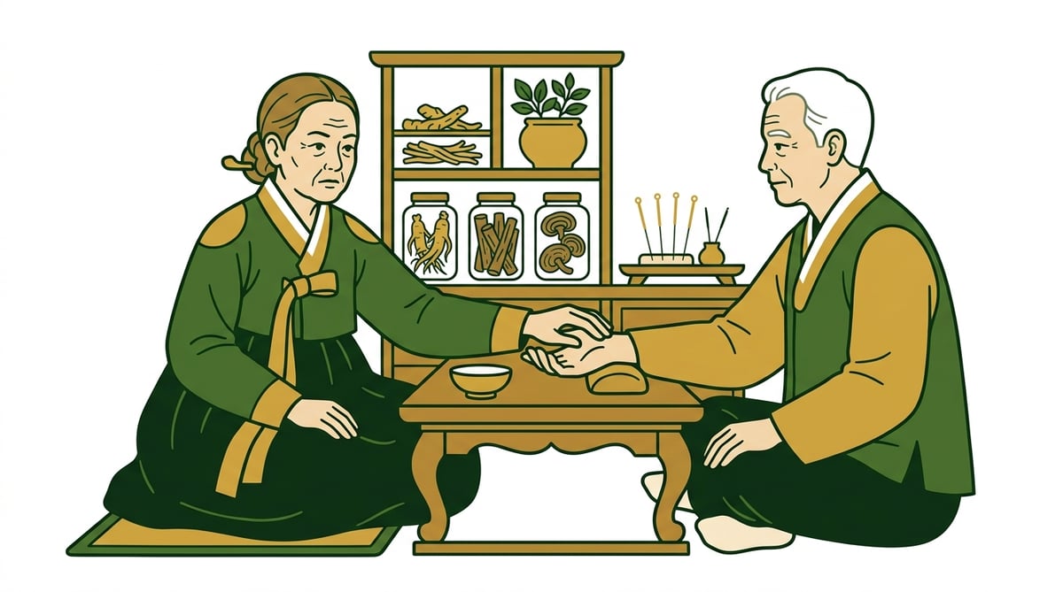 전통 한복을 입은 한의사가 진지한 표정으로 환자의 맥을 짚고 있으며, 주변에 침통과 약재가 보인다.