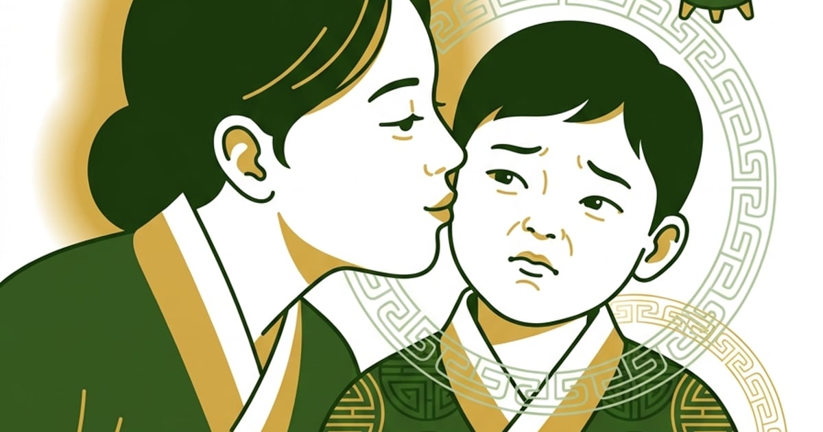 부모가 아이의 볼에 입맞춤하려는 순간, 아이의 얼굴에 나타나는 미묘한 거부감. 주변에는 체질적 불편함을 상징하는 한의학적 패턴이 그려져 있다.
