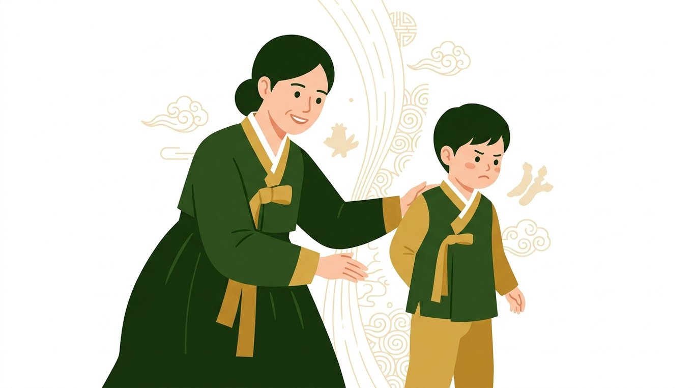 엄마와 아이가 서로를 바라보는 모습, 그들 사이에 흐르는 보이지 않는 체질 에너지. 엄마는 다정하게 웃지만 아이는 살짝 찡그린 표정.