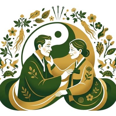 한의학적 조화로움을 상징하는 음양 문양과 그 안에 서로를 마주 보는 행복한 부부의 모습.