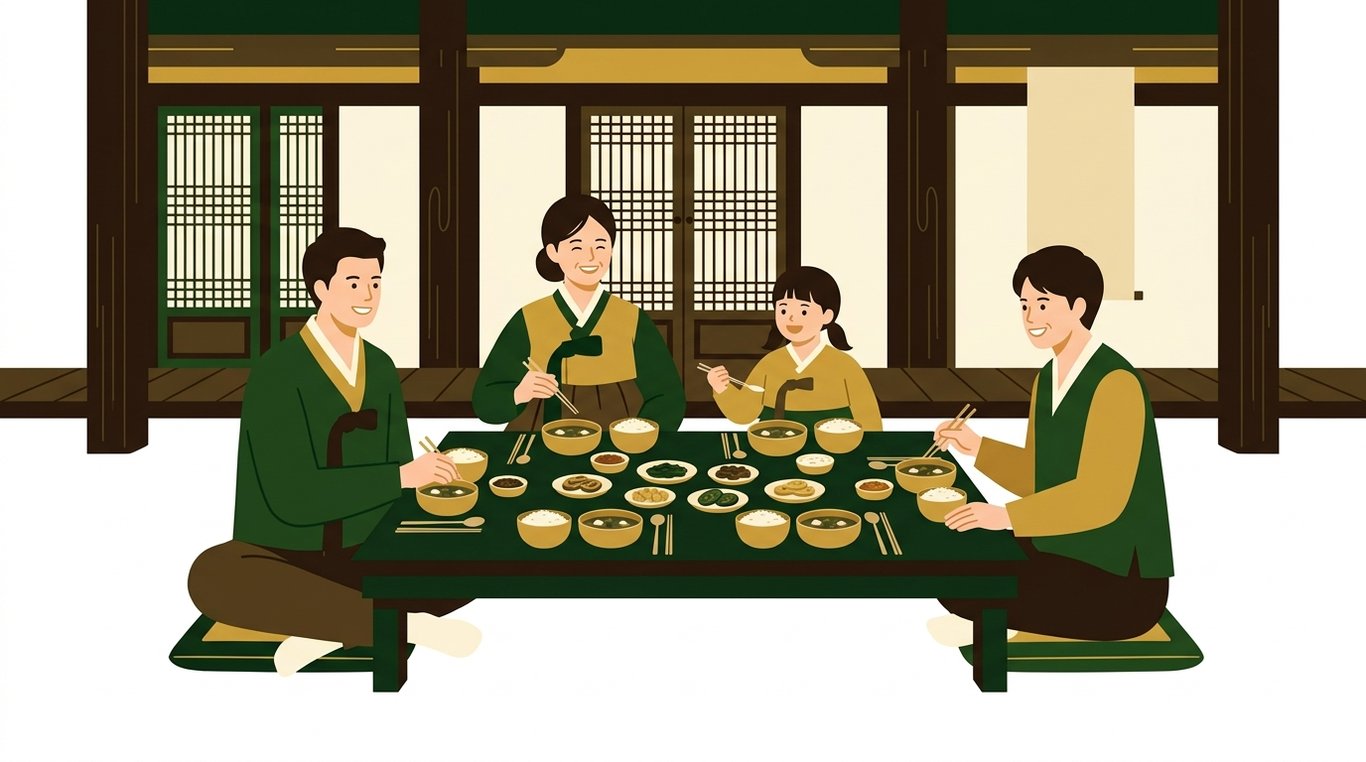 따뜻한 한옥 마루 위에서 가족이 각자의 식기에 음식을 담아 식사하는 평화로운 모습