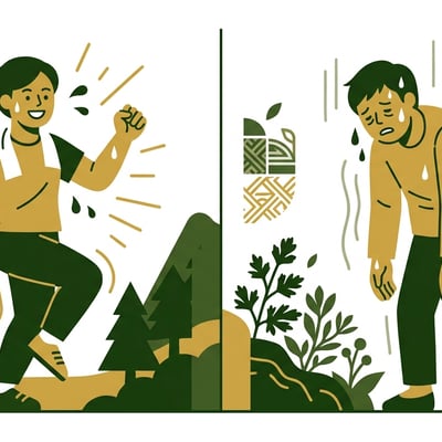 운동 후 땀 흘리며 개운해 보이는 사람과, 땀 흘린 후 지쳐 보이는 사람의 대조적인 모습.
