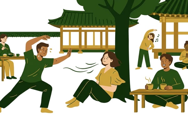 다양한 옷차림과 표정의 사람들이 각기 다른 활동을 하고 있는 모습. 땀 흘리는 사람, 편안히 쉬는 사람 등.