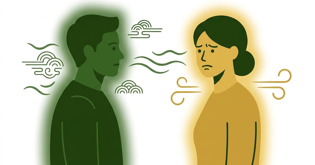 두 사람이 서로 다른 색의 아우라를 내뿜으며 불쾌감을 느끼는 모습