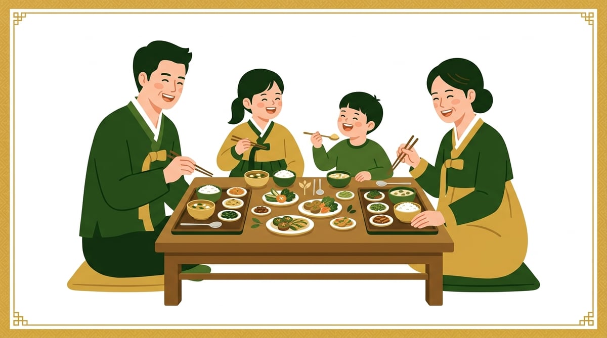 밝은 햇살 아래 온 가족이 각자의 그릇에 담긴 음식을 즐겁게 먹는 모습, 활기찬 식사 분위기