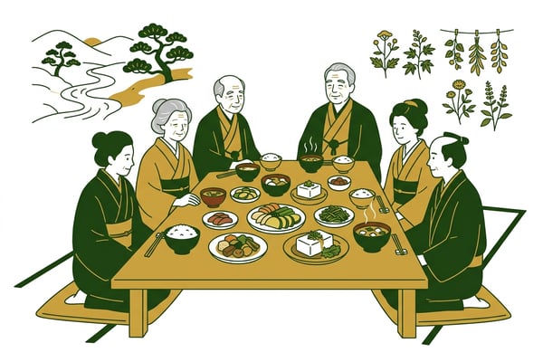 에도 시대 일본 배경에 채소를 중심으로 한 식탁에 앉아 식사하는 일본인들, 주변에 장수를 상징하는 요소들이 보이는 모습.