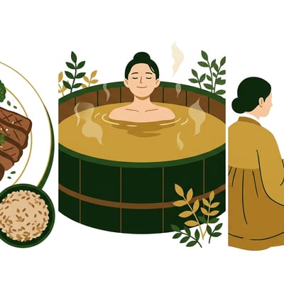 건강한 육류 식단과 따뜻한 물에 몸을 담근 사람, 그리고 한의사가 환자를 진료하는 모습이 어우러진 그림.