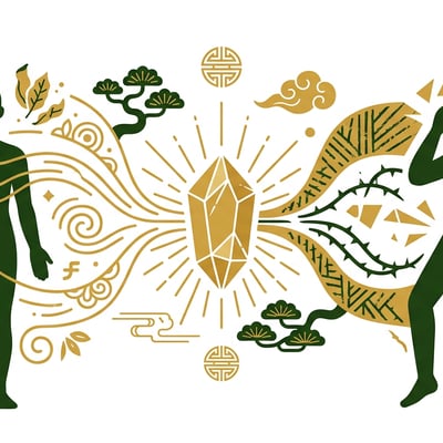 황금 결정체가 사람의 몸 위에 떠 있고, 한쪽은 밝게 빛나며 다른 한쪽은 어둡게 그림자 지는 모습