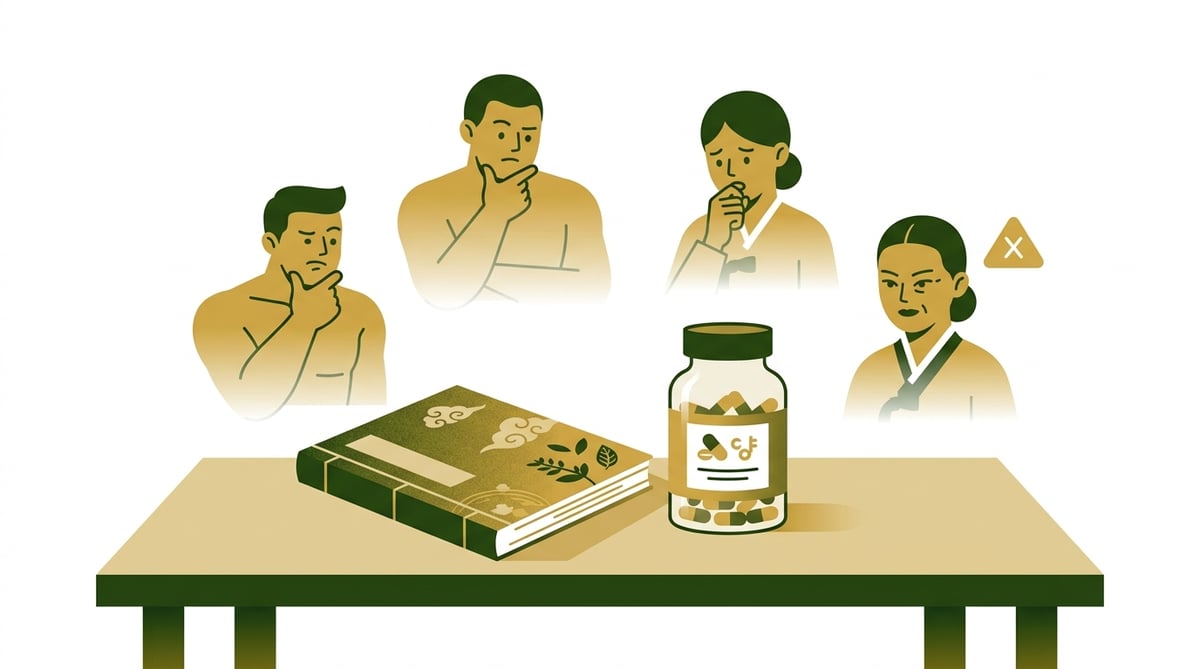 한의학 책자와 비타민 병이 놓인 테이블 위에서, 체질별 인물 아이콘들이 비타민 섭취에 대해 고민하는 모습.